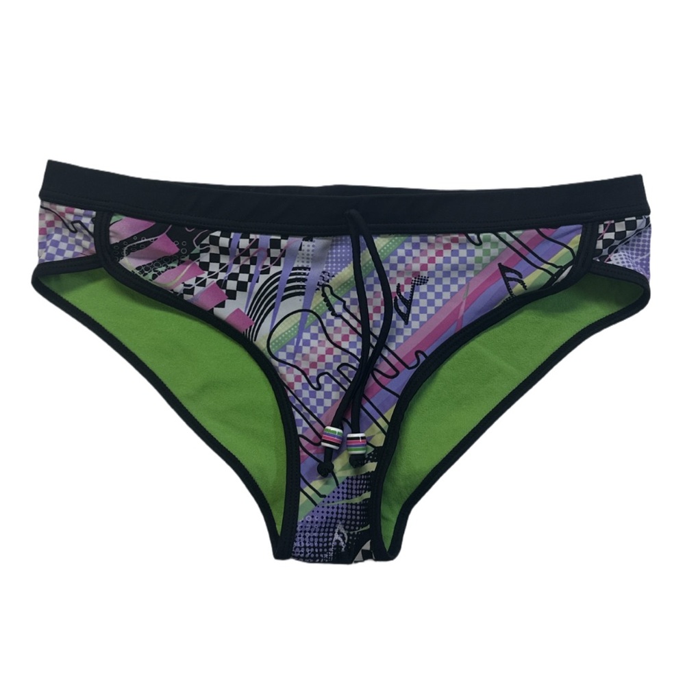 Y2K OP women's black/multi rockstar graphic bikini bottoms, M.